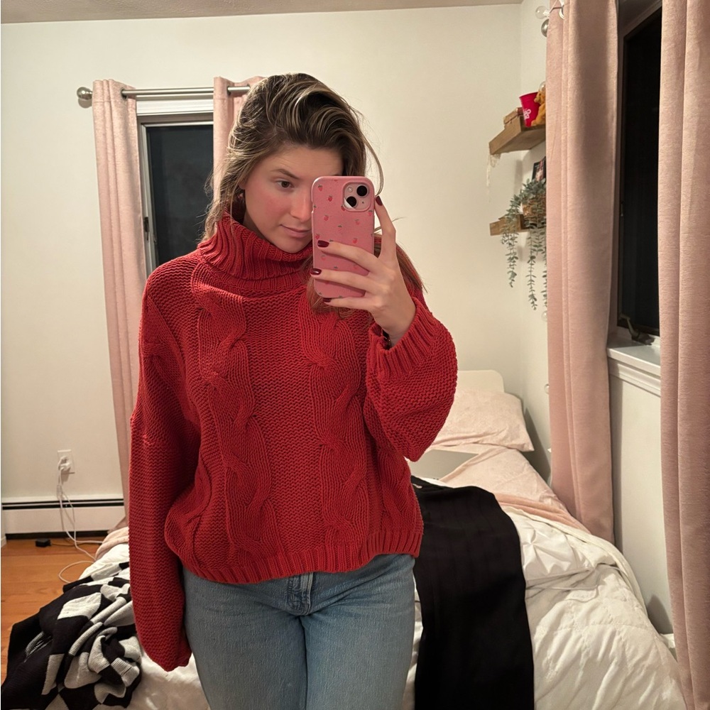 Cozy Red/Orange Cable Knit Sweater